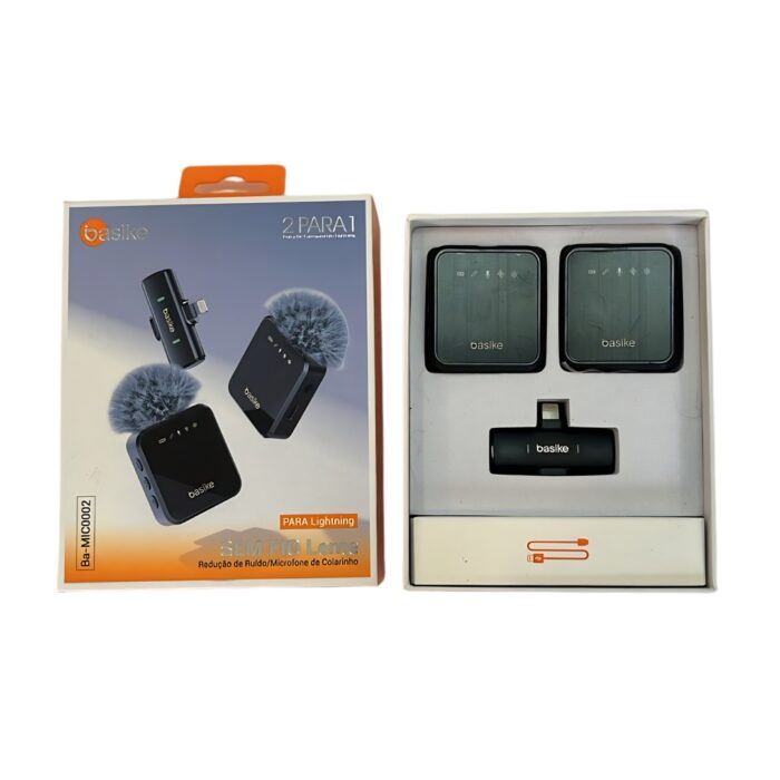 Par de Microfones de Lapela Sem Fio Basike BA-MIC0002 – Com Protetor de Vento para iPhone (Lightning)