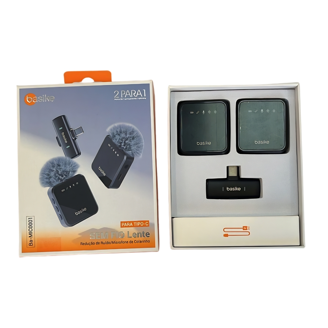 Par de Microfones de Lapela Sem Fio Tipo-C Basike – Com Protetor de Vento (Android/iPhone 15)