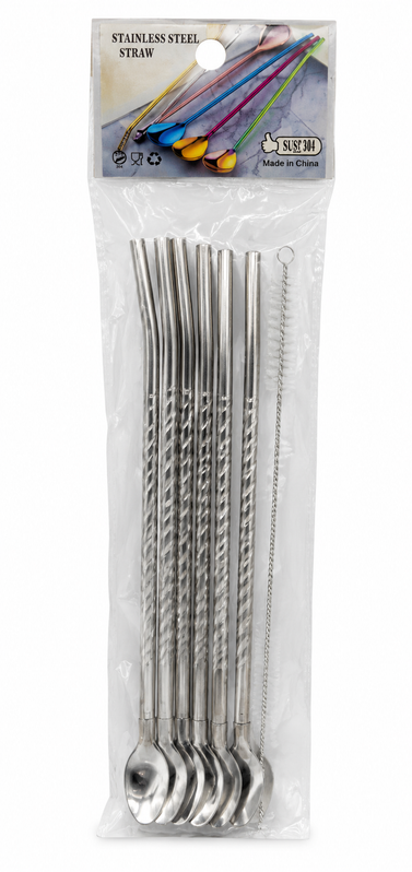 Kit Canudos e Colher de Inox com Escovinha (7 Peças)