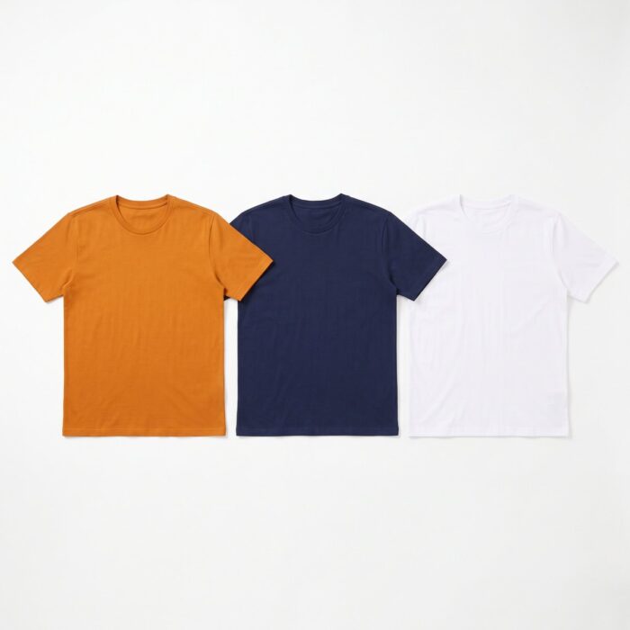 Kit 3 Camisetas Masculinas Plus Size G3 Algodão Penteado – Azul Marinho, Branco e Laranja Ocre