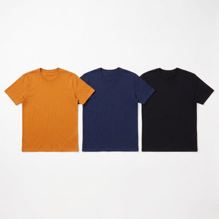 Kit 3 Camisetas Masculinas Plus Size G3 Algodão Penteado – Azul Marinho, Preto e Laranja Ocre